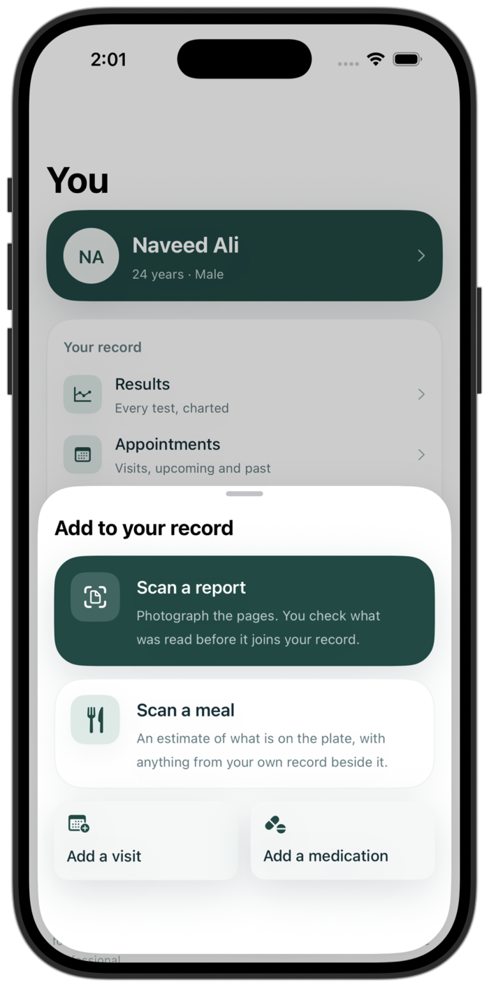 The Sehat Report app, showing the sheet for adding a report, a meal, a visit or a medication to your record.